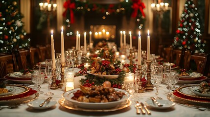 Fototapeta premium Elegant candlelit Christmas Eve dinner, long taper candles on a pristine white tablecloth, gourmet multi-course meal on fine china, silverware glinting in the soft light,
