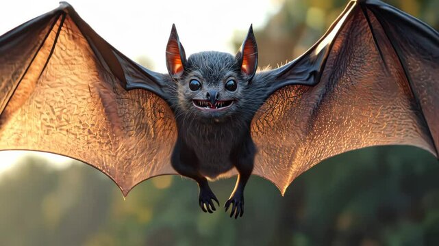 A close-up of a playful bat in mid-flight, showcasing its detailed fur and wings.