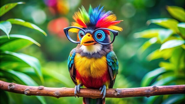 A goofy-looking bird with brightly colored feathers and oversized glasses perches on a branch, sporting a silly expression and endearing, comedic charm.
