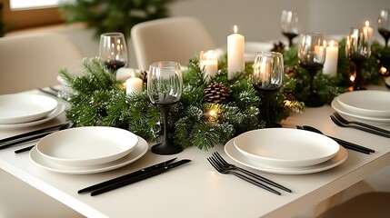 Fototapeta premium Elegant minimalist Christmas dinner table set with simple white plates, greenery centerpiece, black cutlery, and soft candlelight, with minimal festive touches and a sleek,