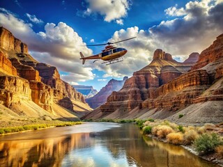 A helicopter soars above the Colorado River, gazing down at vast, rust-red rock formations, layered plateaus, and towering cliffs meeting the water's edge.