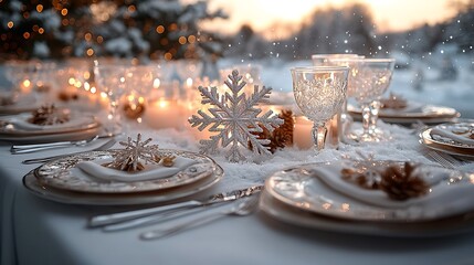 Elegant winter wonderland-themed dinner setup with a white tablecloth, silverware, snowflake-shaped decorations, shimmering candles, and frosted glasses, surrounded by sparkling snow outside,