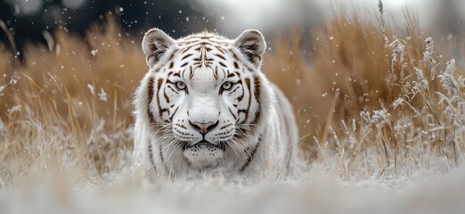 Naklejka premium Majestic white tiger in snowy field