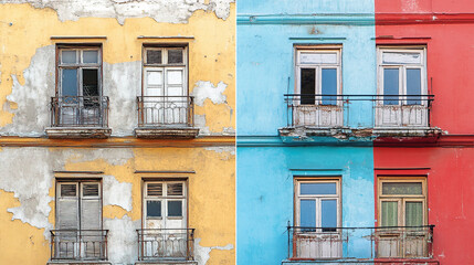 Obraz premium Dilapidated building facade next to restored exterior