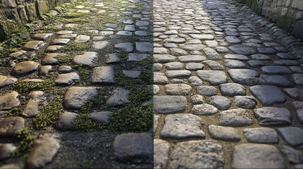 Damaged cobblestone street next to restored road
