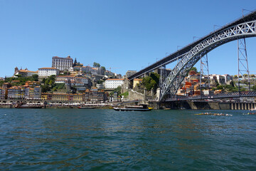 Fototapeta premium Porto, Metro, Luis, bridge, crossing, skyline, river, architecture, train, transport, Portugal, landmark, travel, iconic, cityscape, historic, steel, transit, scenic, view, connection, bridgework, Gai