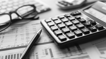 Black and White Office Setup with Calculator and Financial Documents for Accounting and Budgeting