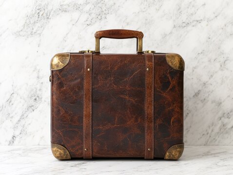 Vintage leather suitcase on marble background