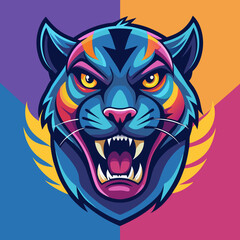 an angry panther with a colorful head vector design with a colorful background 