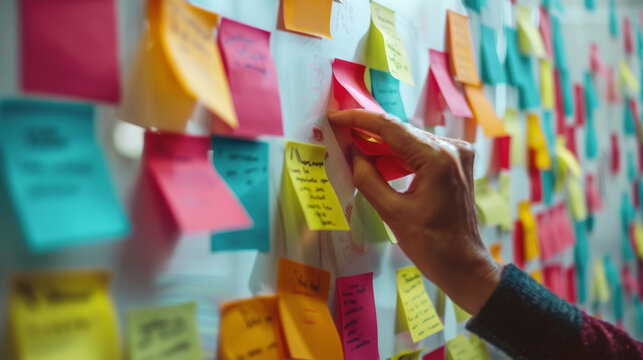 A hand is sorting through colorful post it notes on wall, showcasing creativity and organization.