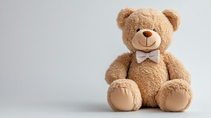 Obraz premium A plush teddy bear sitting on a light background, symbolizing comfort and childhood.