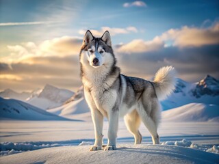 Naklejka premium A majestic husky dog stands proudly on Arctic terrain, its gray and white coat blending seamlessly with snow-covered landscape.