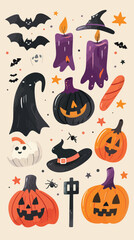 Flat lay Vector Illustration spooky halloween elements set illustration, Happy Halloween
