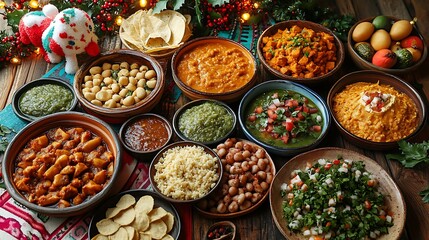 Fototapeta premium Mexican Christmas Eve feast with a spread of traditional dishes, colorful tablecloths, piñatas, and festive lights, surrounded by tamales, enchiladas, and pozole,