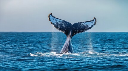 A majestic whale's tail emerging from the ocean, showcasing its grandeur and beauty.