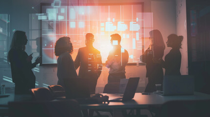 A group of business professionals engaged in discussion in front of digital display, showcasing data and analytics. atmosphere is dynamic and collaborative.