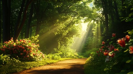 Fototapeta premium Sunbeams illuminate a tranquil forest path, dappled sunlight filters through the canopy of lush green trees, creating a serene and inviting atmosphere. The path leads to a destination unknown, symboli