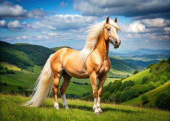 Obraz premium A majestic Palomino horse sports a creamy coat, golden mane, and tail, posing elegantly in a verdant meadow amidst rolling hills and a brilliant blue sky.