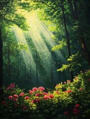 Fototapeta premium A picturesque forest scene with sunlight beams filtering through the lush green canopy, illuminating a vibrant patch of pink flowers in the foreground.