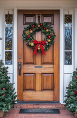 Fototapeta premium A Front Door with Christmas Decorations in the Background for a Warm and Welcoming Holiday Display