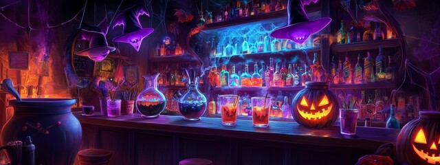 A bar with a Halloween theme, with a variety of drinks and decorations