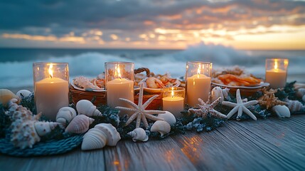 Seaside-themed Christmas Eve dinner on a coastal terrace, seafood feast on a nautical table setting with seashells and starfish decorations, flickering candles, with waves crashing in the background,
