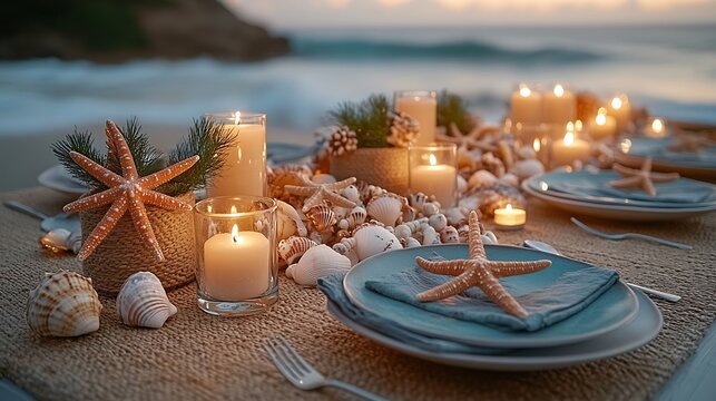 Seaside-themed Christmas Eve dinner on a coastal terrace, seafood feast on a nautical table setting with seashells and starfish decorations, flickering candles, with waves crashing in the background,