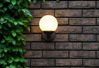 Outdoor wall lamp on brick wall with greenery