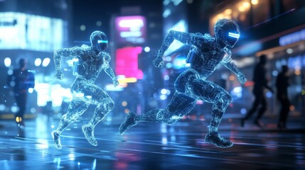 Fototapeta premium Two futuristic runners race through a neon-lit city, showcasing the speed and agility of technology, a glimpse into a future where humans and technology merge, a vibrant display of neon lights and cyb