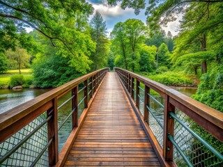 Obraz premium A rustic steel and wood bridge spans a serene river, blending with the surrounding landscape amidst lush greenery and treetops.