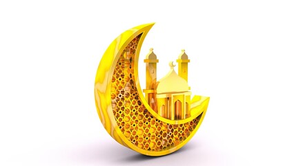 A 3D golden crescent moon cradling a detailed mosque with minarets, symbolizing Islamic architecture. The intricate geometric patterns of the crescent enhance its elegance, blending spirituality.
