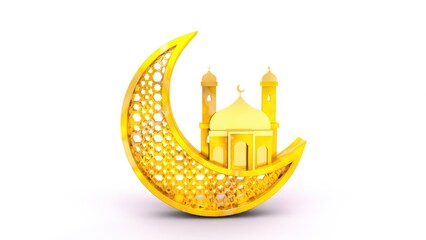 A 3D golden crescent moon cradling a detailed mosque with minarets, symbolizing Islamic architecture. The intricate geometric patterns of the crescent enhance its elegance, blending spirituality. © dwi