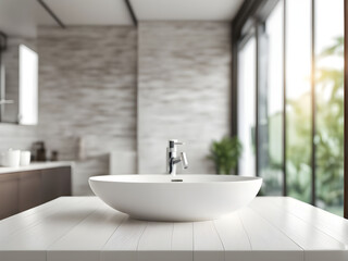 Fototapeta premium blurred inside of interior luxury modern bathroom in the morning background with white wood tabletop for show, promote ads and design product on display concept