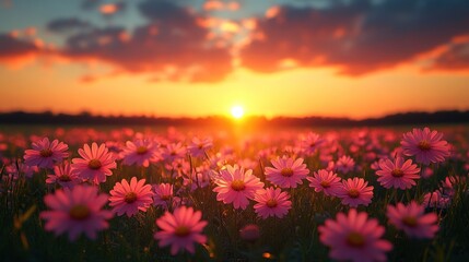 Fototapeta premium Sunset Over a Field of Pink Flowers