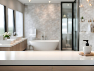 Fototapeta premium blurred inside of interior luxury modern bathroom in the morning background with white wood tabletop for show, promote ads and design product on display concept