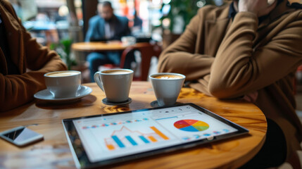 Business discussion over coffee with tablet displaying charts and graphs.