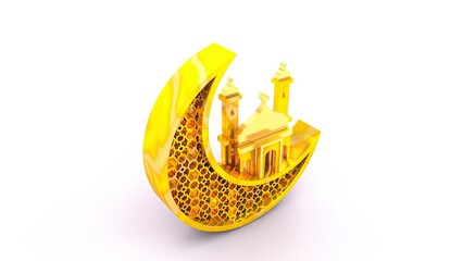 A 3D golden crescent moon cradling a detailed mosque with minarets, symbolizing Islamic architecture. The intricate geometric patterns of the crescent enhance its elegance, blending spirituality.