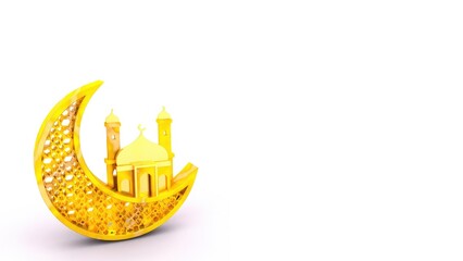 A 3D golden crescent moon cradling a detailed mosque with minarets, symbolizing Islamic architecture. The intricate geometric patterns of the crescent enhance its elegance, blending spirituality.