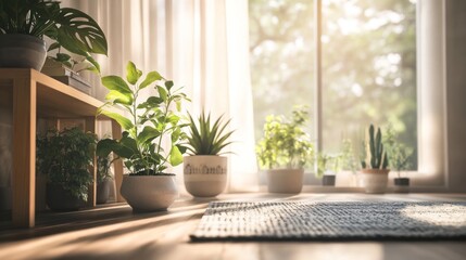 Fototapeta premium A serene indoor space filled with various plants, showcasing natural light and tranquility.