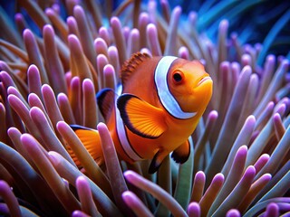 A tiny clownfish darts between the wavy tentacles of a colorful sea anemone, its vibrant scales shimmering in the sunlight filtering down from above.