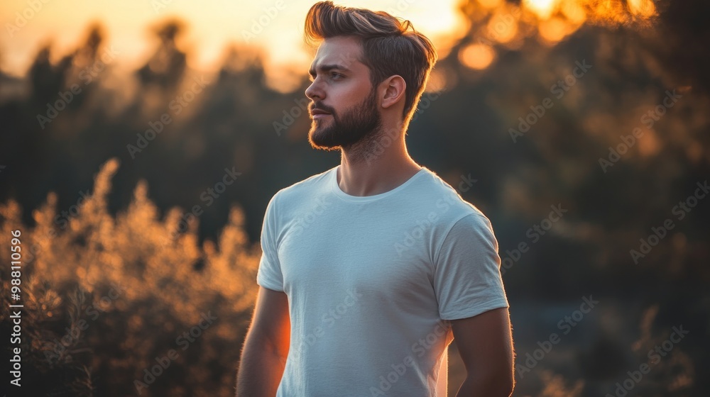 Sticker A young man stands thoughtfully against a sunset backdrop, embodying a serene moment.