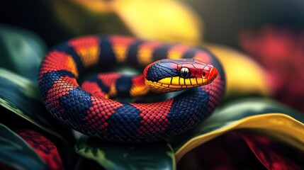 Obraz premium A vibrant snake coiled among colorful leaves, showcasing its striking pattern and colors.