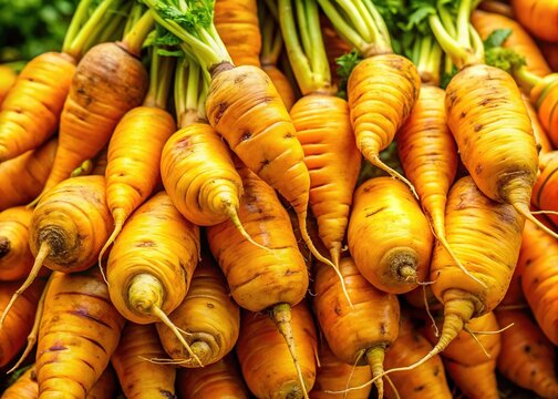 A vibrant, orange-yellow tuberous root vegetable with brown, rough skin and starchy flesh, commonly used in soups, stews, and traditional cuisine.