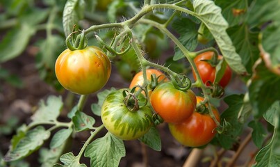 Tomatoes growing in a greenhouse.