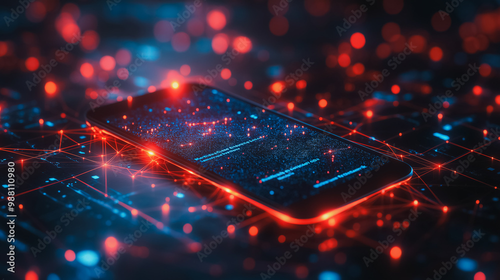 Canvas Prints a cell phone is lit up with a red screen and a blue background
