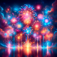 fireworks are seen in the sky over a city.