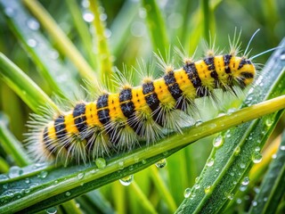 Fototapeta premium A yellow caterpillar with fuzzy hairs and black stripes crawls slowly across dewy grass, contrasting with emerald green surroundings.