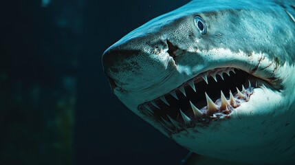 Naklejka premium A close-up of a shark's face showcasing its sharp teeth and intense gaze.