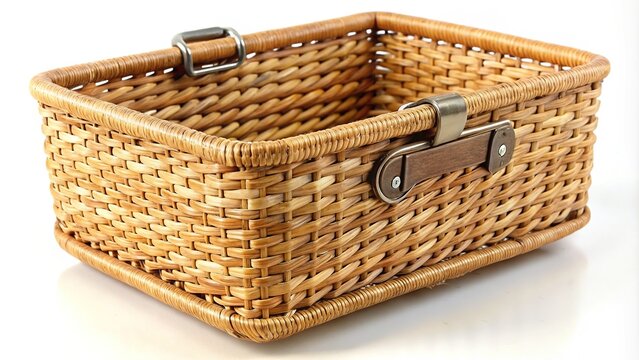 A woven wicker basket with a sturdy metal clip, perfect for holding and organizing daily essentials with simplicity and ease.