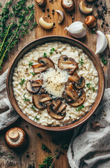 A Bowl of Creamy Mushroom Risotto with Parmesan Cheese for a Rich and Comforting Meal